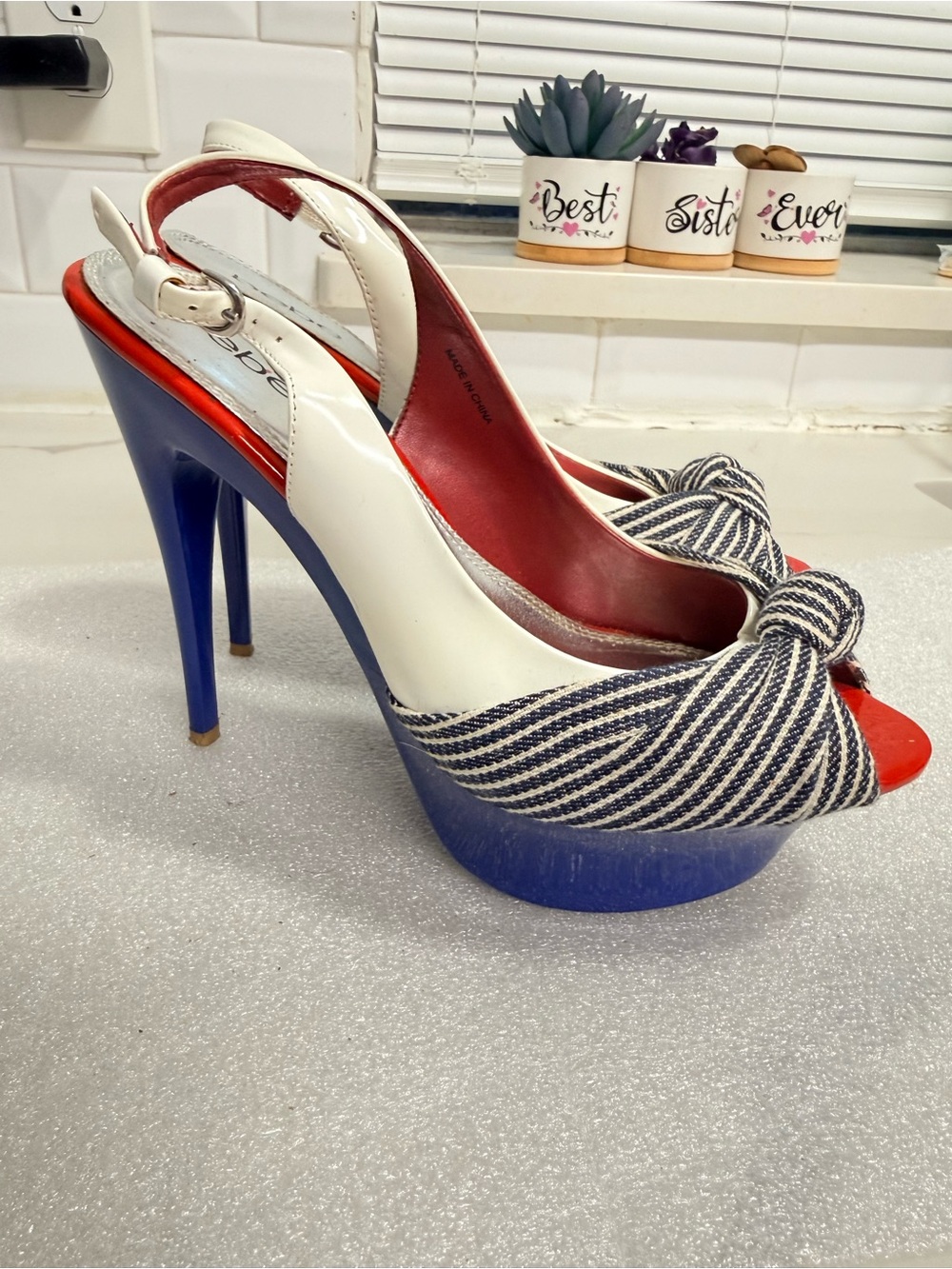 Y2K bebe Red, Navy and White Peep-Toe Slingback Heels with Bow